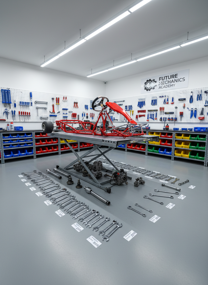 A meticulously organized youth motorsports workshop, with a bright red go-kart chassis elevated on a hydraulic stand as the central focus. The bare metal frame, neatly labeled components, and laid-out wrenches and torque tools rest on a spotless gray epoxy floor. Pegboards with clearly arranged hand tools and color-coded bins line the walls. Cool white overhead LED shop lights create even, shadow-free illumination, highlighting the clean, professional environment. Photographed at eye level with sharp focus throughout, the composition uses the rule of thirds to place the kart slightly off-center, conveying a sense of order, discipline, and professional automotive training in a realistic, documentary-style photographic image.