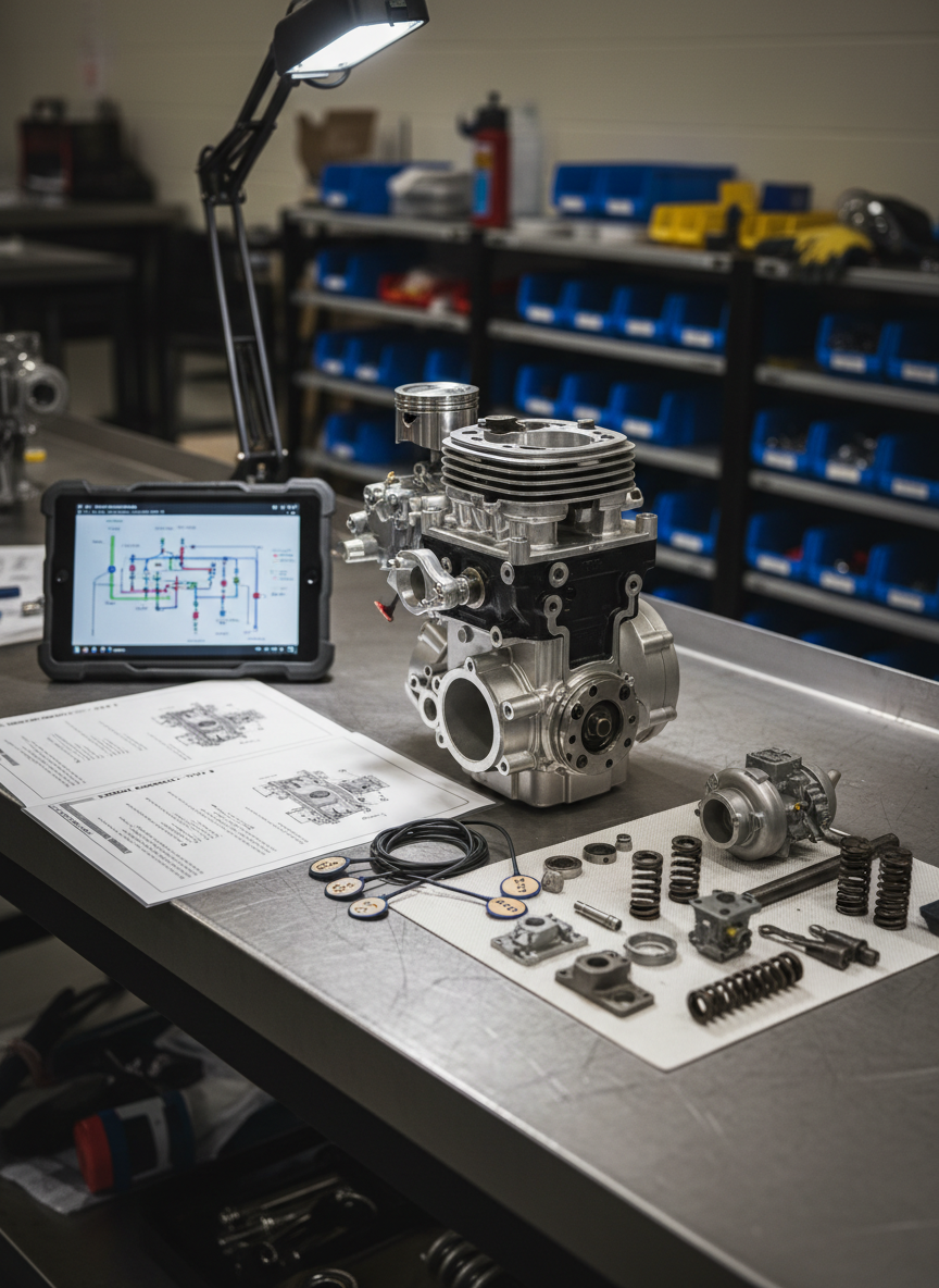 A close-up, detailed view of a partially disassembled small race engine mounted on a sturdy metal workbench, its polished aluminum components and labeled spark plug wires meticulously arranged. Beside it, laminated step-by-step instruction sheets and a digital tablet showing a wiring diagram emphasize structured learning. The background reveals blurred shelves with neatly stacked bins of parts and safety equipment. Bright, diffused workshop lighting from above and a side task lamp create crisp reflections on metal surfaces and subtle shadows in the crevices. Shot from a slightly elevated angle with moderate depth of field, the image feels technical, precise, and educational, embodying professional photographic realism suitable for a youth mechanics training program.