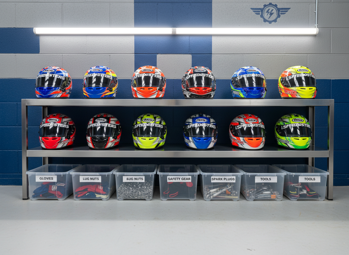 An array of small, colorful racing helmets neatly lined on a stainless-steel shelf, each helmet pristinely clean with vibrant graphics, sponsor-style decals, and clear visors slightly open. Below, a row of labeled plastic bins holds gloves, lug nuts, and safety gear, emphasizing organization and preparedness. The setting is a modern motorsports garage with smooth concrete floors and a painted cinderblock wall in muted gray and blue team colors. Overhead LED strip lights cast bright, even illumination, creating gentle reflections on the glossy helmet surfaces. Captured straight-on at eye level with a symmetrical composition and sharp focus, the photograph conveys professionalism, safety, and pride in youth motorsports participation.