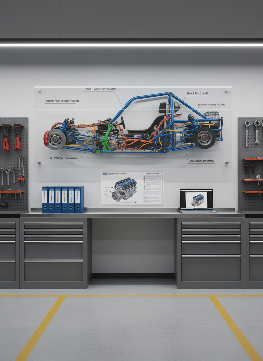 A wall-mounted educational display board in a training garage, featuring a full-size transparent side panel of a small race car showing internal systems: suspension arms, brake lines, engine mounts, and wiring harnesses, all color-coded and labeled. Beneath the cutaway, a narrow counter holds neatly stacked binders, torque charts, and a laptop with a paused instructional diagram. The workshop around it has clean, painted floors and organized tool storage. Soft, diffused overhead lighting ensures all labels are clearly legible without harsh glare. Photographed from a straight-on, mid-distance perspective with sharp focus across the frame, the atmosphere is studious and professional, highlighting the nonprofit’s emphasis on structured mechanical education through motorsports.