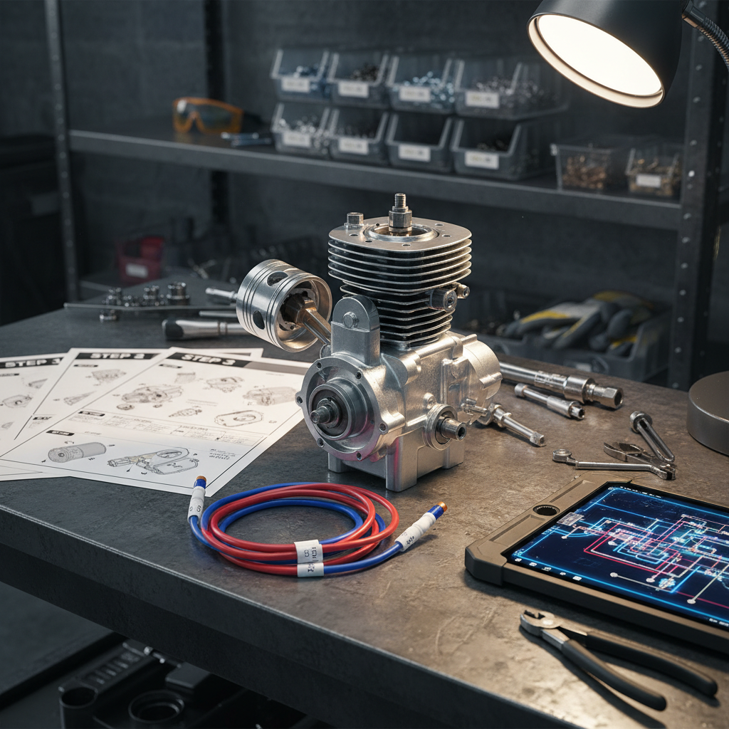 A close-up, detailed view of a partially disassembled small race engine mounted on a sturdy metal workbench, its polished aluminum components and labeled spark plug wires meticulously arranged. Beside it, laminated step-by-step instruction sheets and a digital tablet showing a wiring diagram emphasize structured learning. The background reveals blurred shelves with neatly stacked bins of parts and safety equipment. Bright, diffused workshop lighting from above and a side task lamp create crisp reflections on metal surfaces and subtle shadows in the crevices. Shot from a slightly elevated angle with moderate depth of field, the image feels technical, precise, and educational, embodying professional photographic realism suitable for a youth mechanics training program.