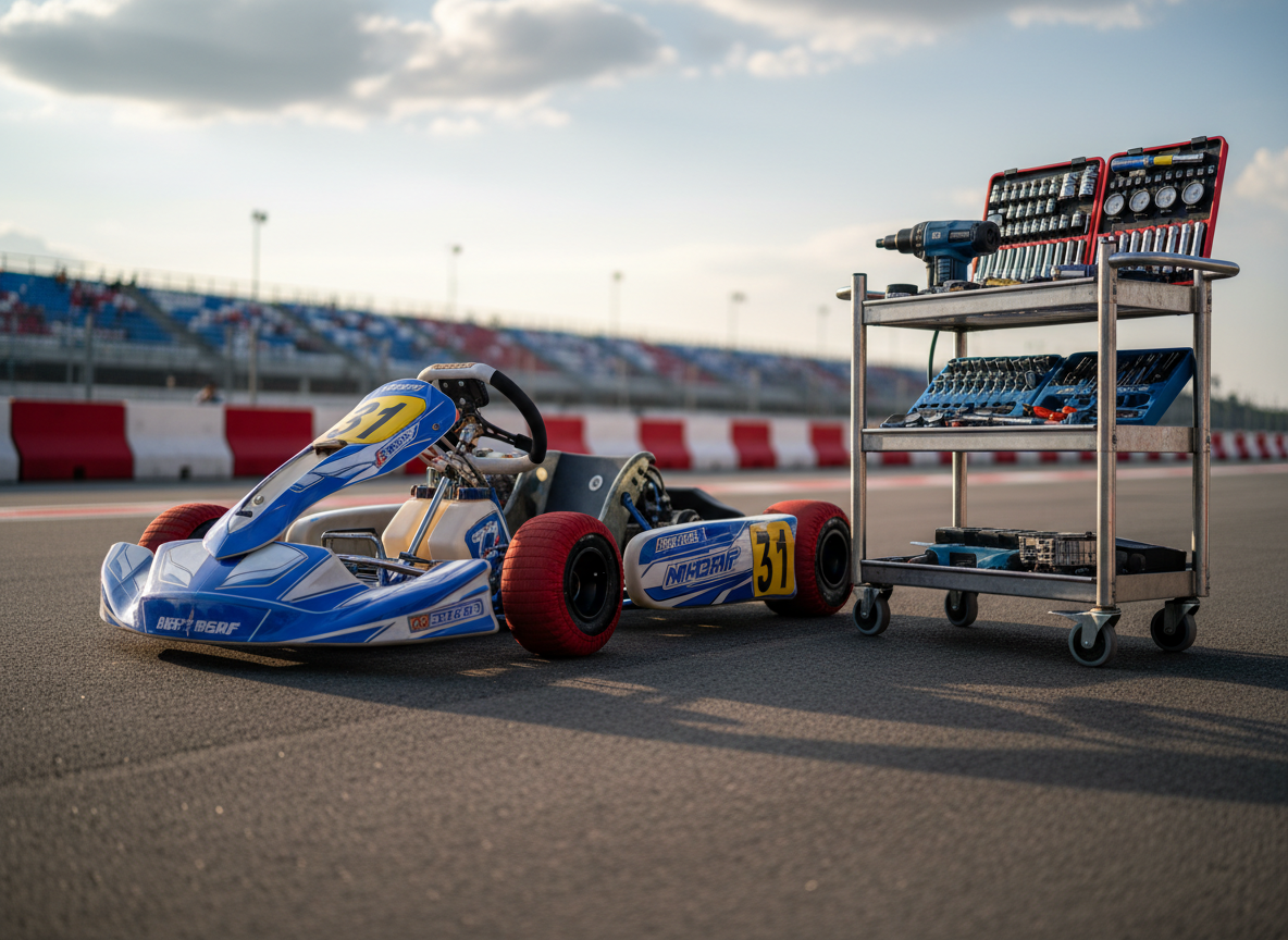 A sleek, compact racing kart in bright blue and white livery parked on a clean asphalt pit lane, its tires wrapped with temperature blankets and a portable tool cart positioned nearby, filled with neatly arranged socket sets, impact wrenches, and tire gauges. Behind it, a safety barrier and distant blurred grandstand hint at a sanctioned racetrack environment. Late afternoon sunlight casts a warm, golden glow, producing long, soft shadows and subtle highlights on the kart’s fiberglass bodywork and metal frame. Shot from a low, three-quarter angle to emphasize the machine’s form and detail, the photographic image feels dynamic yet controlled, reinforcing a professional, organized youth racing program.